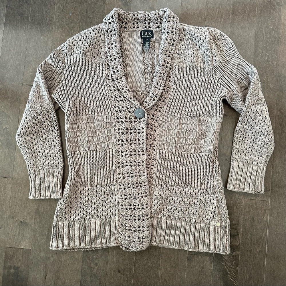 Pure Handknit Sweater Chunky Knit Cotton Cardigan Beige Lagenlook L/XL‎